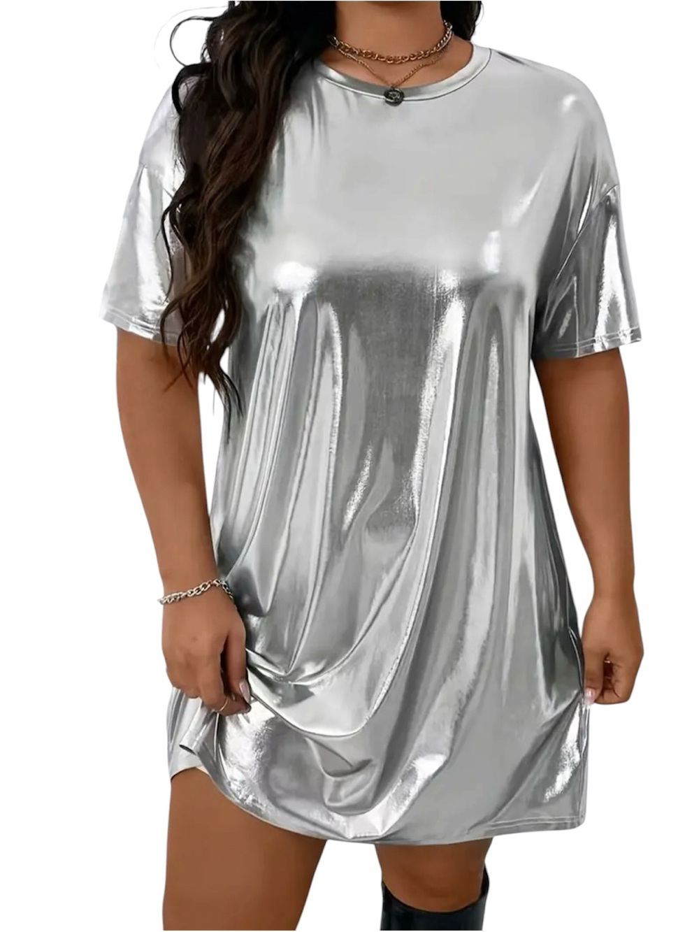 Silver Metallic Short Sleeve Shift Dress - Unbranded